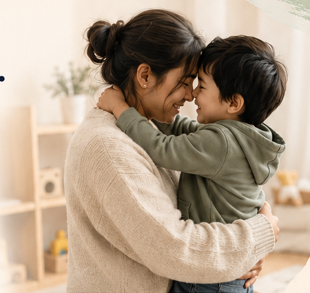 Parent holding child in a warm home setting