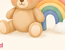 Teddy bear beside a rainbow toy
