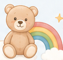 Teddy bear beside a rainbow toy